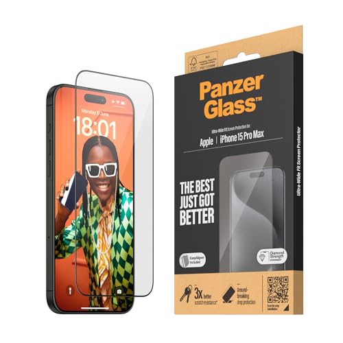 PanzerGlass™ Kratzfester Displayschutz für Apple iPhone 15 Pro Max - Ultra-Wide Fit und kristallklare Anzeige, Stoßfestigkeit und Fallschutz mit Montagehilfe für einfache Installation von Panzer Glass