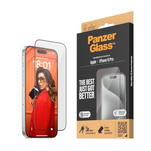 PanzerGlass™ Kratzfester Displayschutz für Apple iPhone 15 Pro - Ultra-Wide Fit und kristallklare Anzeige, Stoßfestigkeit und Fallschutz mit Montagehilfe für einfache Installation von Panzer Glass