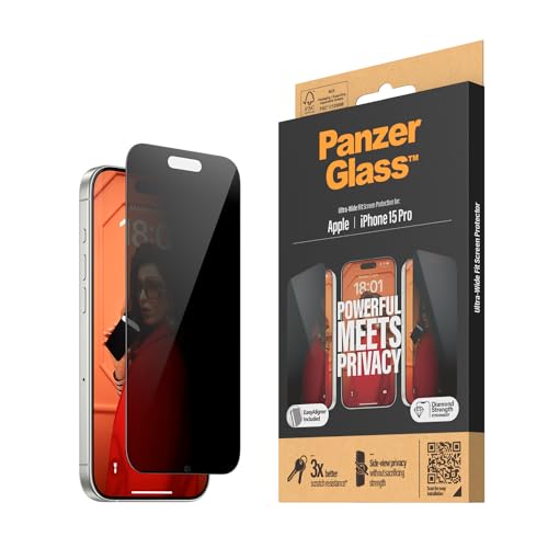 PanzerGlass™ Privacy Screen Protector für das iPhone 15 Pro - kratzfestes gehärtetes Glas für den iPhone-Bildschirm und den Privacy-Schutz - mit Montagehilfe für einfache Installation von Panzer Glass