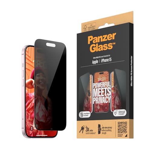 PanzerGlass™ Privacy Screen Protector für das iPhone 15 - kratzfestes gehärtetes Glas für den iPhone-Bildschirm und den Privacy-Schutz - mit Montagehilfe für einfache Installation von Panzer Glass