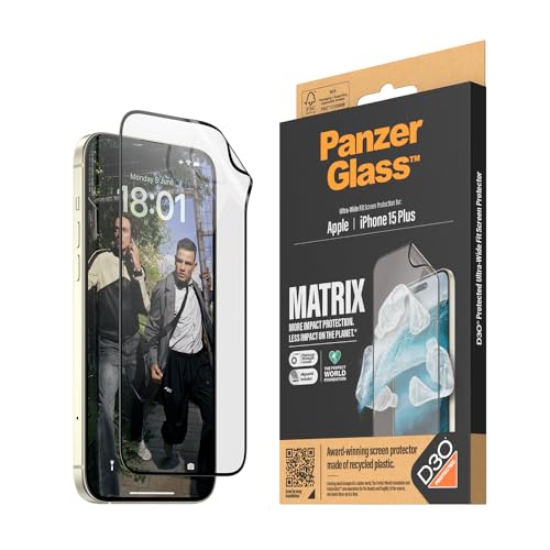 PanzerGlass™ Umweltfreundlicher Matrix-Bildschirmschutz für Apple iPhone 15 Plus - Schützen, Verlängern und Gutes tun - mit Hilfe zur einfachen Installation von Panzer Glass