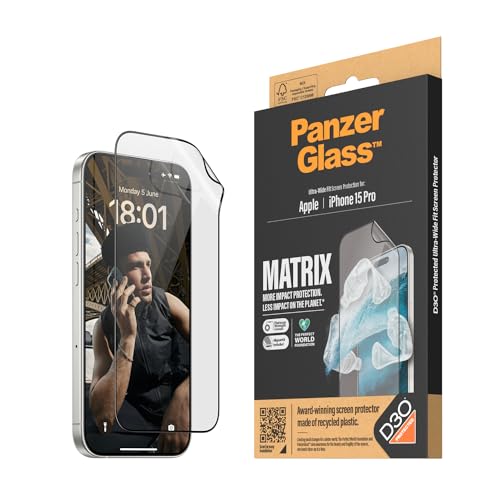 PanzerGlass™ Umweltfreundlicher Matrix-Bildschirmschutz für Apple iPhone 15 Pro - Schützen, Verlängern und Gutes tun - mit Hilfe zur einfachen Installation von Panzer Glass