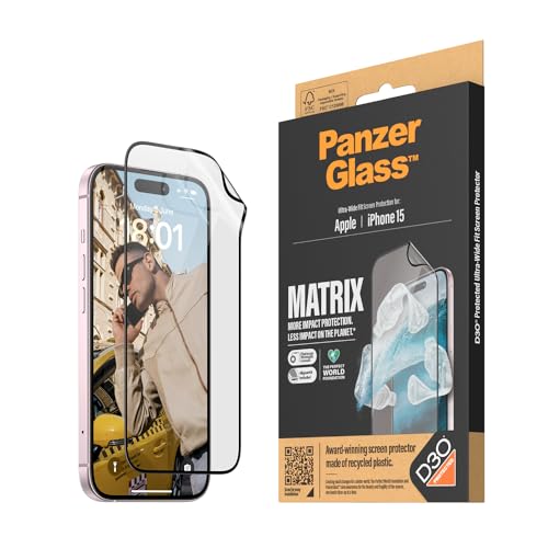 PanzerGlass™ Umweltfreundlicher Matrix-Bildschirmschutz für Apple iPhone 15 - Schützen, Verlängern und Gutes tun - mit Hilfe zur einfachen Installation von Panzer Glass