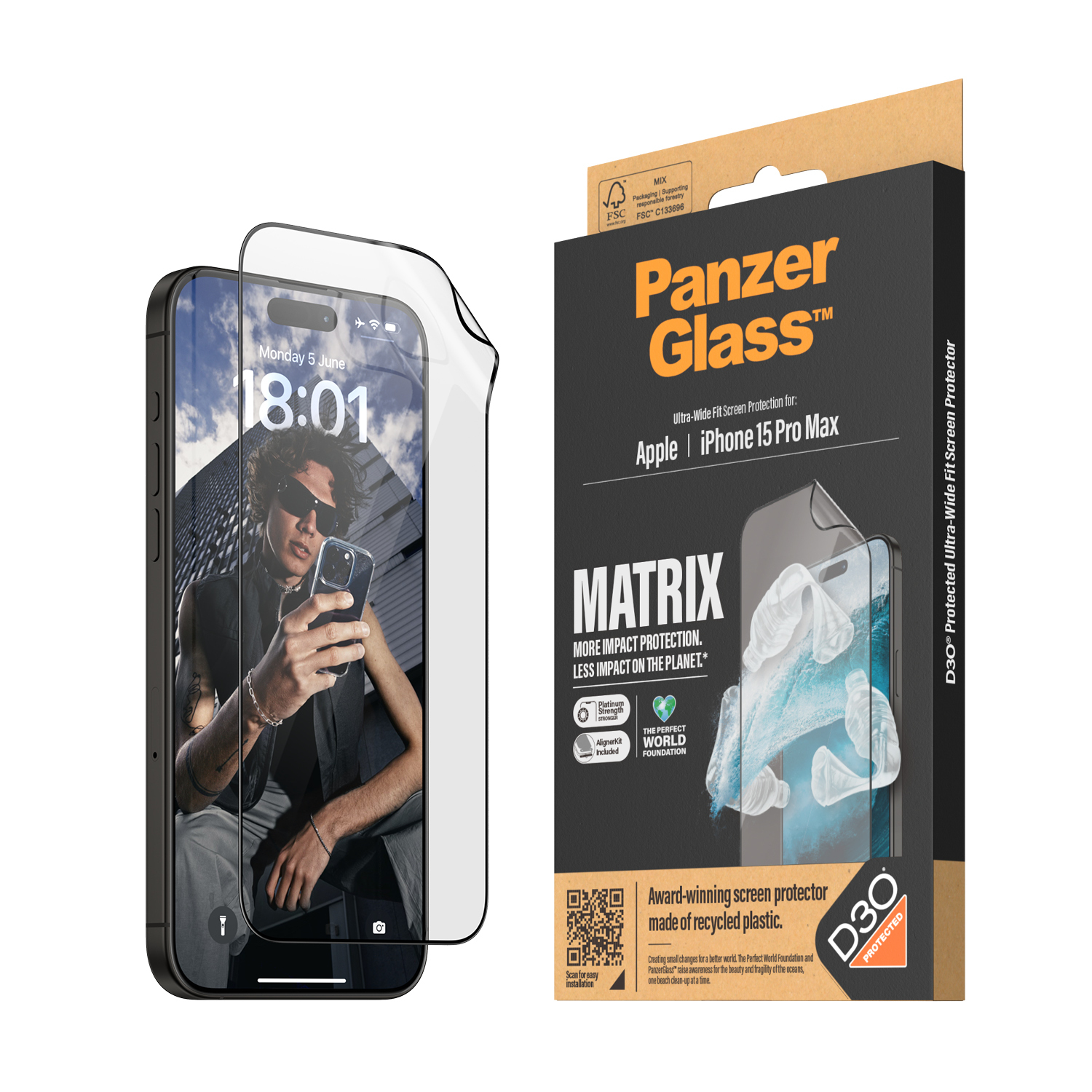 PanzerGlass™ MATRIX Displayschutz mit D3O iPhone 15 Pro Max Ultra-Wide Fit m. AlignerKit von PanzerGlass