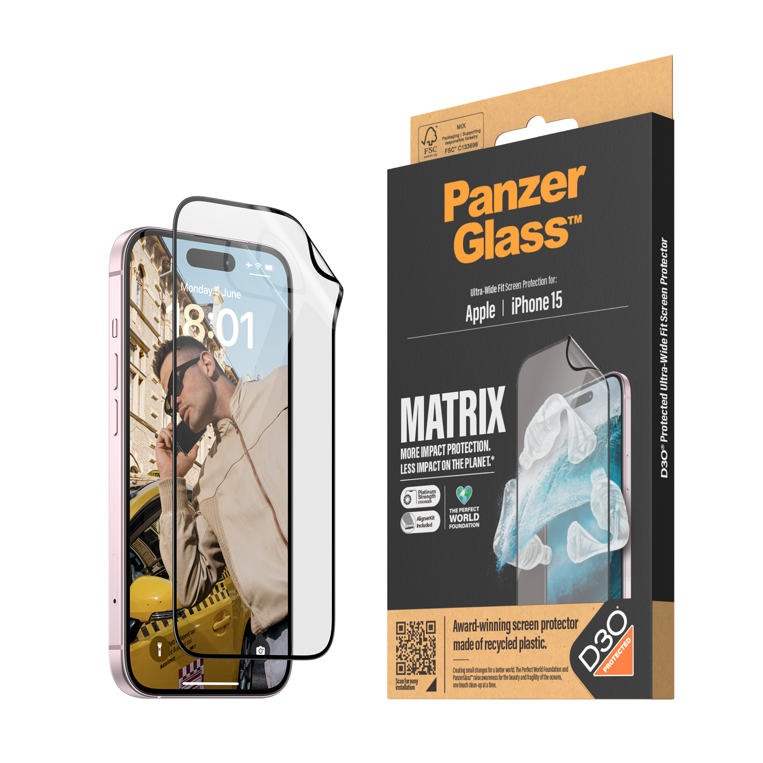 PanzerGlass™ MATRIX Displayschutz mit D3O iPhone 15 Ultra-Wide Fit m. AlignerKit von PanzerGlass