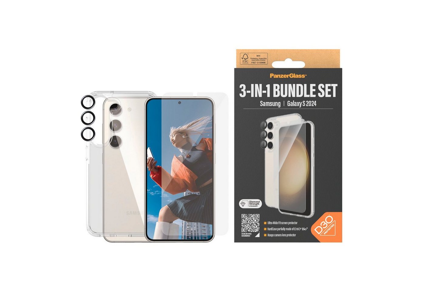 PanzerGlass 3-in-1 Bundle Set Screen Protector, Case und Camera Lens Protector für Samsung Galaxy S24, Displayschutzglas, Displayschutzfolie, Backcover, Lens Cover, Rundumschutz von PanzerGlass