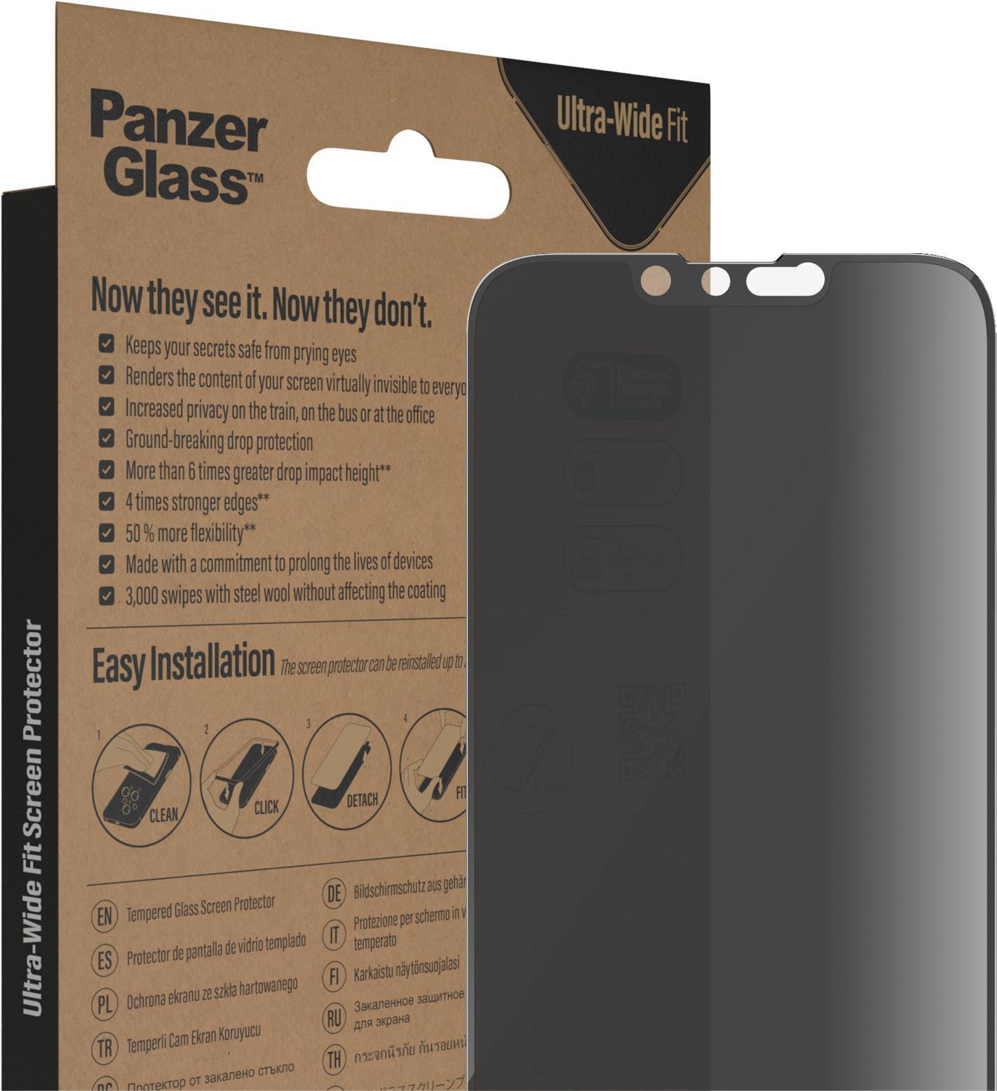 PanzerGlass - Bildschirmschutz für Handy - ultra-wide fit - Glas - mit Sichtschutzfilter - Rahmenfarbe schwarz - für Apple iPhone 13, 13 Pro, 14 (P2783) von PanzerGlass