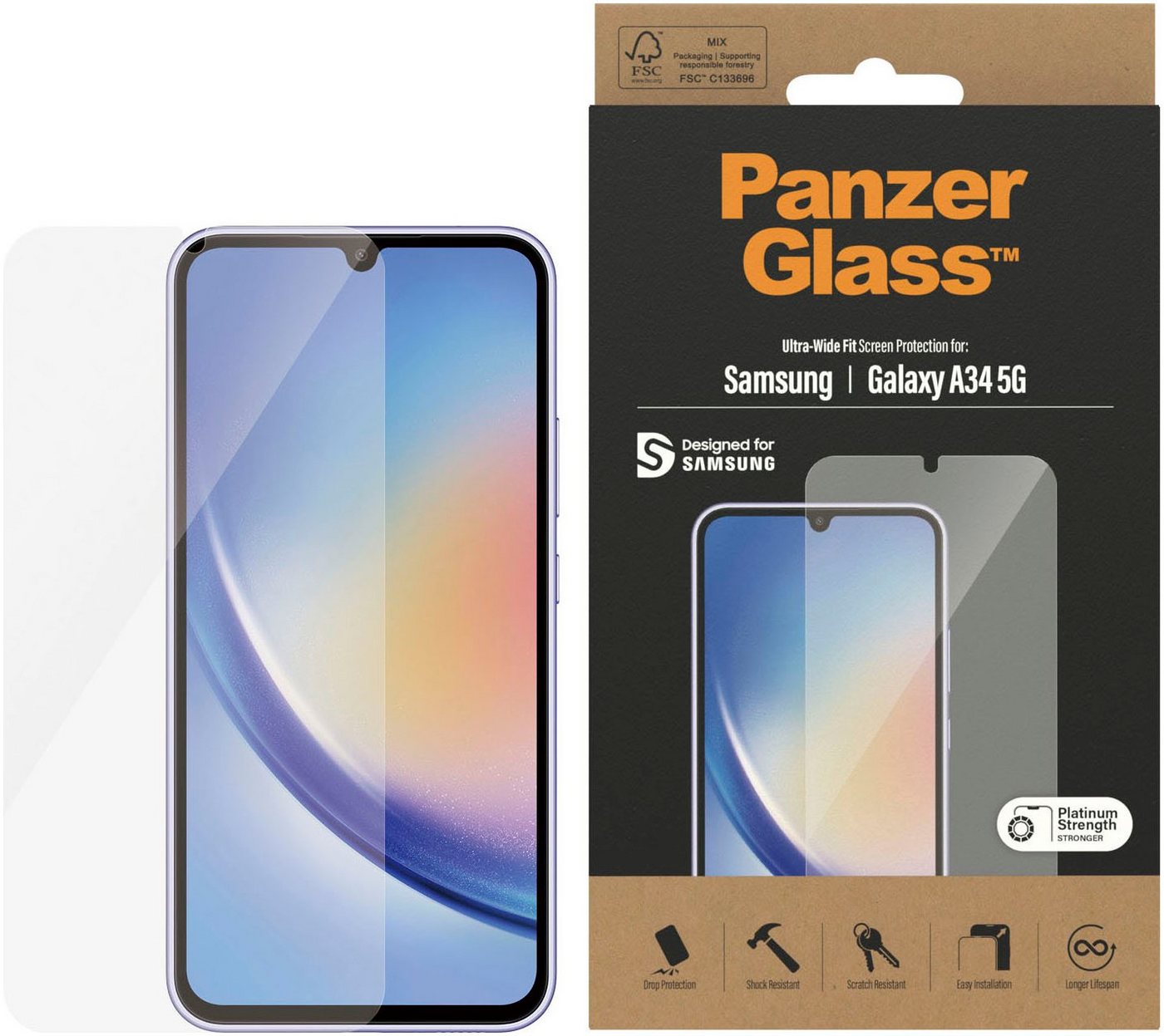 PanzerGlass Displayschutz Samsung Galaxy A34 5G - Ultra-Wide Fit für Samsung Galaxy A34 5G, Displayschutzglas, Kratz-& Stoßfest,Kristallklar, Berührungsempfindlich, Simpel Anbringen von PanzerGlass