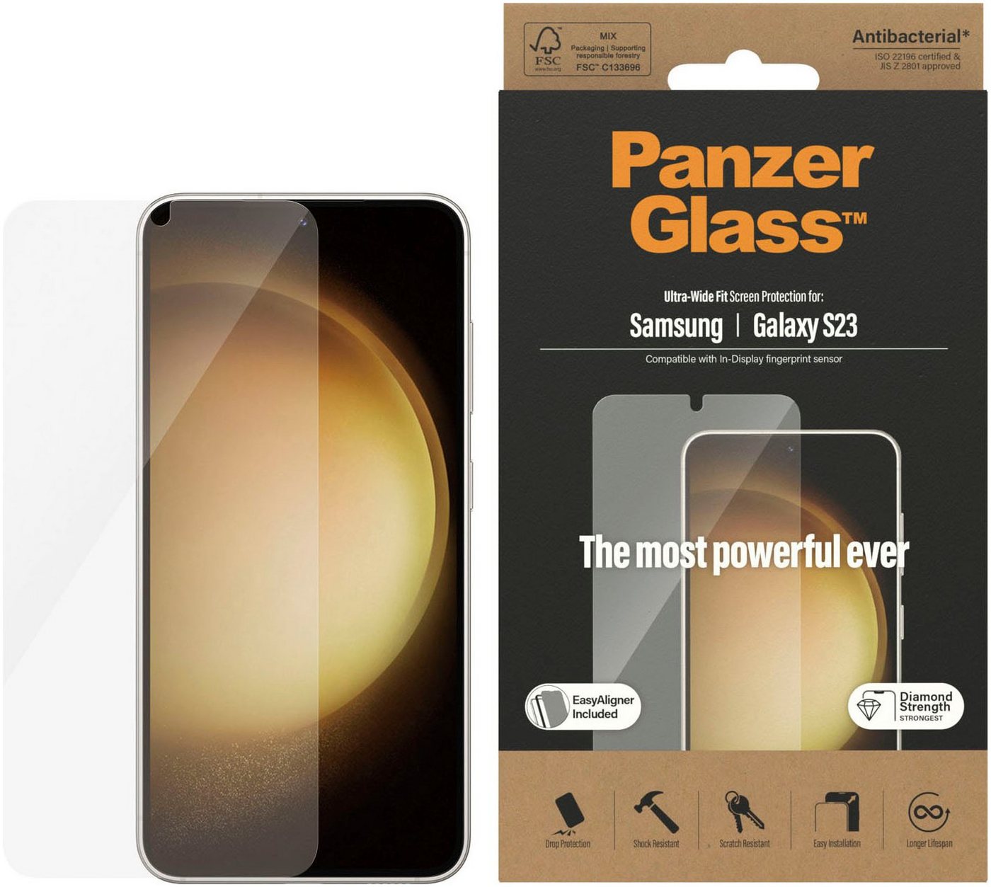 PanzerGlass Displayschutz Samsung Galaxy S23 - Ultra-Wide Fit inkl. EasyAligner für Samsung Galaxy S23, Displayschutzfolie, Set, 1 Stück, Kratz-& Stoßfest,Antibakteriell,Berührungsempfindlich,Simpel Anbringen von PanzerGlass