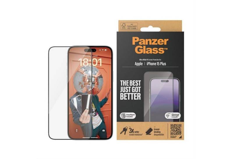 PanzerGlass Displayschutzfolie Displayschutz iPhone 15 Plus Ultra-Wide Fit mit EasyAligner für iPhone 15 Plus, Ultra-Wide Fit Design, Extreme Kratz- und Stoßfestigkeit von PanzerGlass