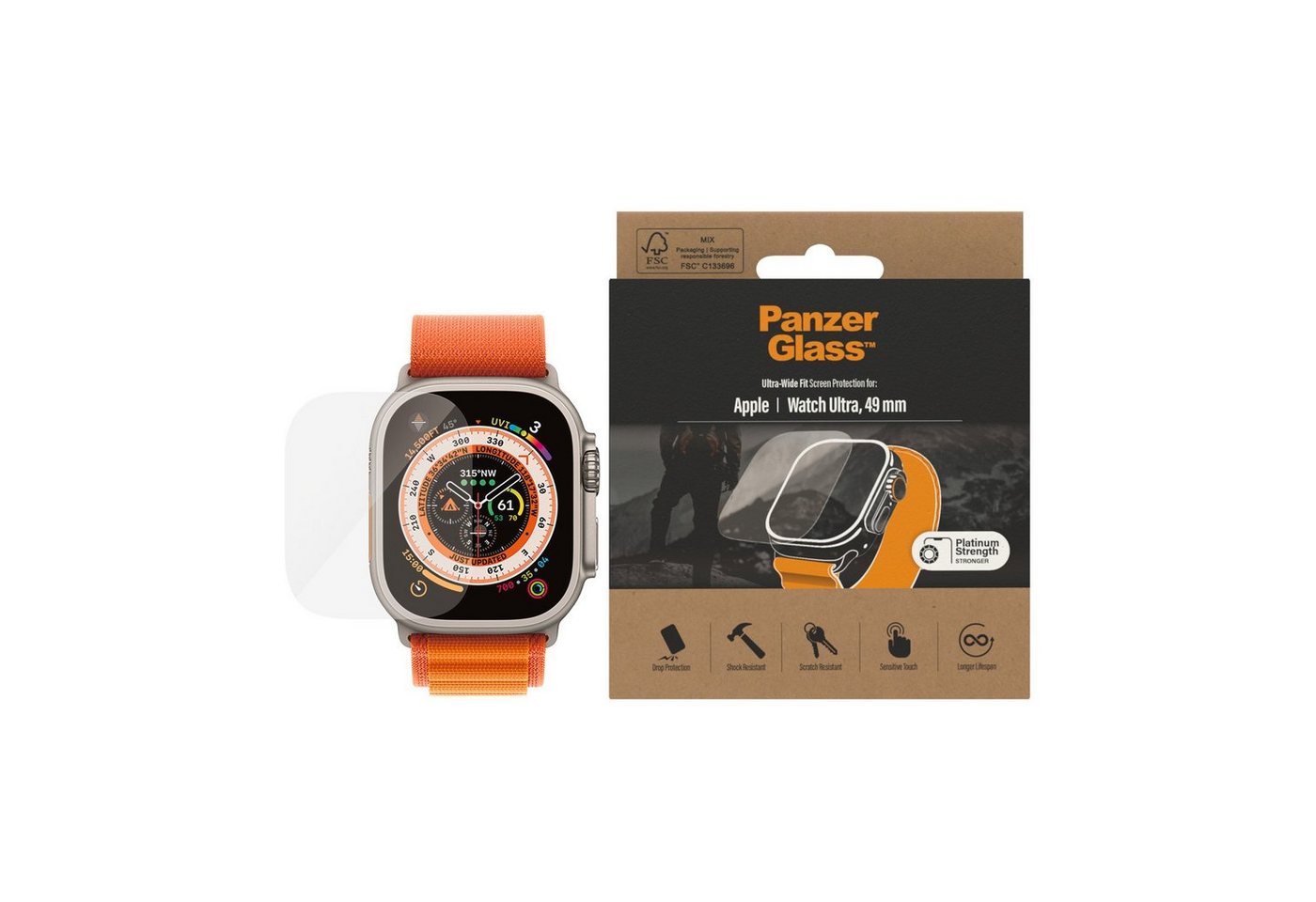 PanzerGlass Screen Protector Ultra Wide Fit für Apple Watch Ultra 49 mm, Displayschutzglas von PanzerGlass