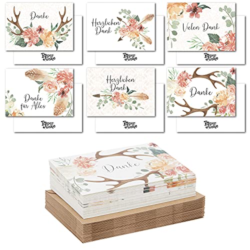 36 Dankeskarten mit Umschlägen, 6 Illustrierte Wald-Motive, DIN A6, Mehrfarbig von Paper Junkie