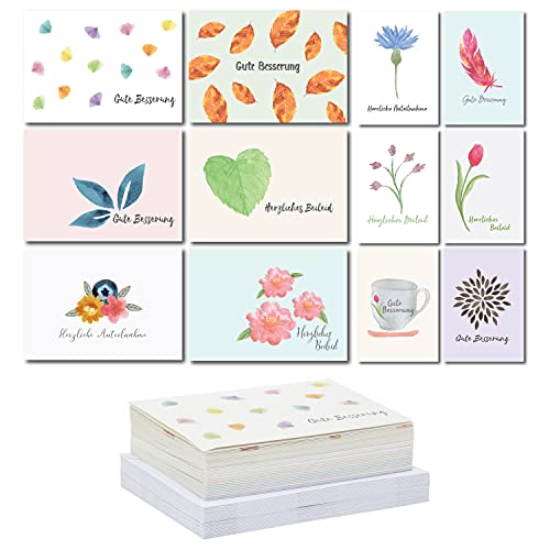 36 Stück Beileidskarten und Genesungskarten mit Umschlägen, Gute Besserung, 12 Illustrierte Blumenmuster, DIN A6 von Paper Junkie