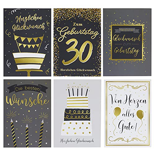 6er Geburtstagskarten-Set mit Umschlägen Inklusive 1 Karte zum 30. Geburtstag, 5 Geburtstagskarten, Goldfolie, DIN A5 von Paper Junkie