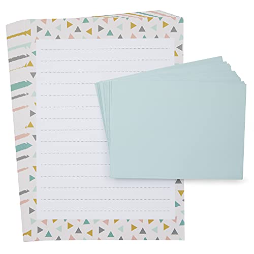 Briefpapier-Set für Kinder, 50 Blatt liniertes DIN A4 Schreibpapier mit buntem Dreiecks-Design und 25 hellblaue Umschläge von Paper Junkie