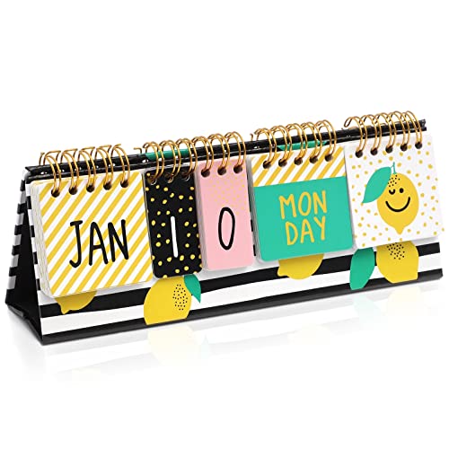 Paper Junkie Lemon Ewiger Flip-Kalender für Büro-Desktop, Klassenzimmerbedarf, Schreibtischkalender mit Tag-, Datums- und Monatsanzeige für Planung, Zuhause, Küche Dekor (20,3 x 8,9 cm) von Paper Junkie