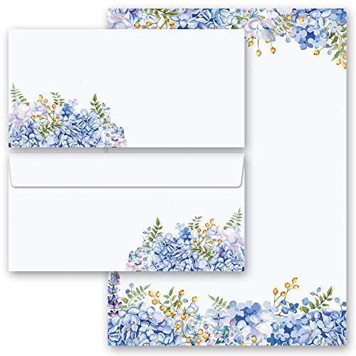 Briefpapier Sets Blumen & Blüten, BLAUE HORTENSIEN 10 Blatt Briefpapier + 10 passende Briefumschläge DIN LANG ohne Fenster | Paper-Media von Paper-Media Design & Motivpapier