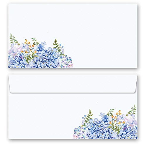 Briefumschläge Blumen & Blüten, BLAUE HORTENSIEN 10 Briefumschläge (ohne Fenster) DIN LANG (220x110 mm) | Paper-Media von Paper-Media Design & Motivpapier