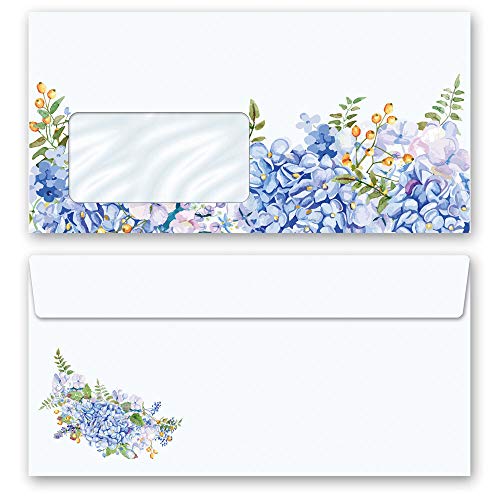Briefumschläge Blumen & Blüten, BLAUE HORTENSIEN 50 Briefumschläge (mit Fenster) DIN LANG (220x110 mm) | Paper-Media von Paper-Media Design & Motivpapier