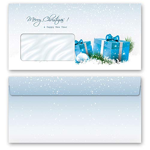 Briefumschläge Weihnachten, BLAUE WEIHNACHTSGESCHENKE 10 Briefumschläge (mit Fenster) DIN LANG (220x110 mm) | Paper-Media von Paper-Media Design & Motivpapier