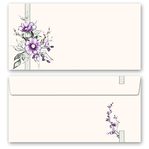 10 Briefumschläge (ohne Fenster) Blumen & Blüten, LILA BLUMEN DIN LANG (220x110 mm) von Paper-Media