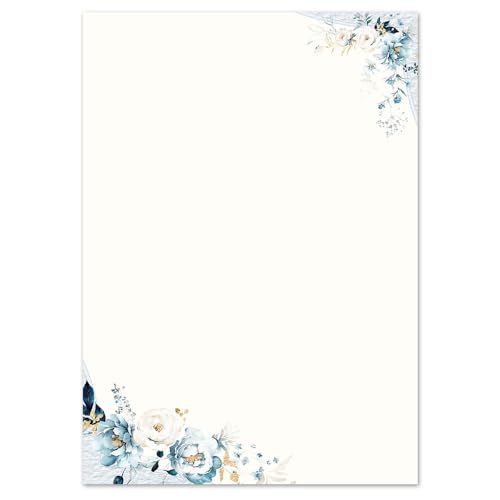 100 Blatt Briefpapier BLAUE BLUMEN - DIN A6 (105x148 mm) Hoch, 90 g/m² - Blumenmotiv von Paper-Media