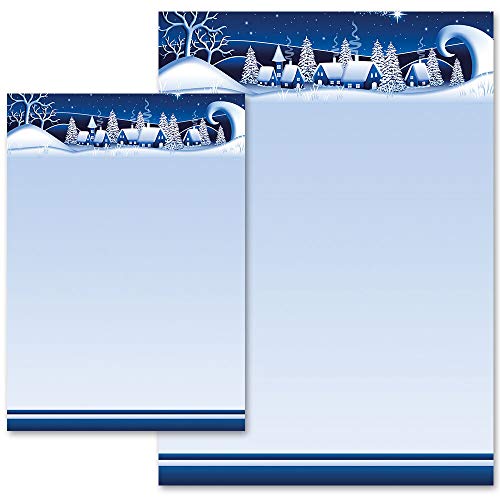 100 Blatt Briefpapier Wintermotiv WINTERDORF-BLAU - DIN A5 Format - Paper-Media von Paper-Media