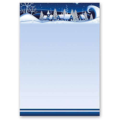 50 Blatt Briefpapier Weihnachten, Jahreszeiten - Winter WINTERDORF-BLAU - DIN A5 Format - Paper-Media von Paper-Media
