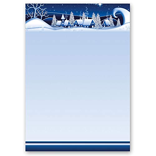 50 Blatt Briefpapier Wintermotiv WINTERDORF-BLAU - DIN A4 Format | Paper-Media von Paper-Media