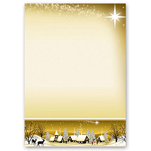 50 Blatt Briefpapier Wintermotiv WINTERDORF GOLD - DIN A4 Format | Paper-Media von Paper-Media