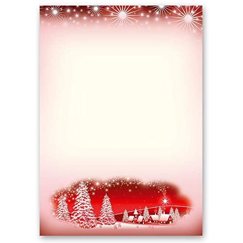 50 Blatt Briefpapier Wintermotiv WINTERDORF-ROT - DIN A4 Format | Paper-Media von Paper-Media
