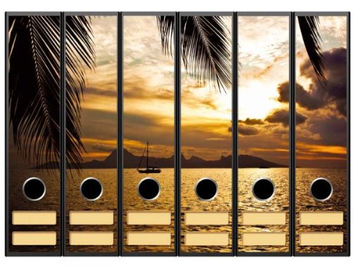 6 Ordnerrücken Motiv-Aufkleber SONNENUNTERGANG AUF MOOREA - Format 65 x 300 mm - passend für 6 breite Standard Din-A4-Ordner mit 7,5 oder 8,0 cm Rückenbreite von Paper-Media