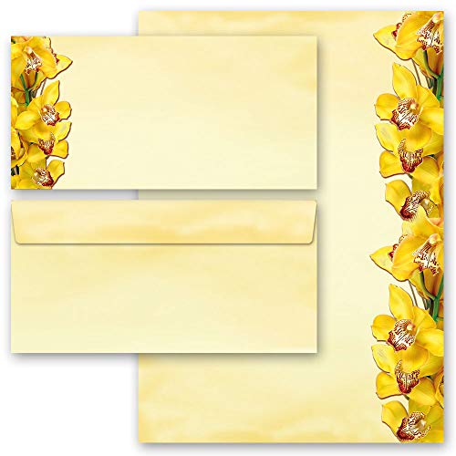 Briefpapier Set, 20 tlg. Blumen & Blüten, GELBE ORCHIDEEN 10 Blatt Briefpapier + 10 passende Briefumschläge DIN LANG ohne Fenster von Paper-Media