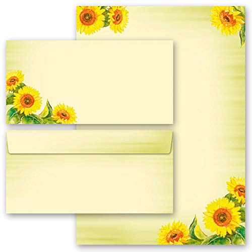 Briefpapier Set, 20 tlg. Blumen & Blüten, SUNFLOWERS 10 Blatt Briefpapier + 10 passende Briefumschläge DIN LANG ohne Fenster | Paper-Media von Paper-Media