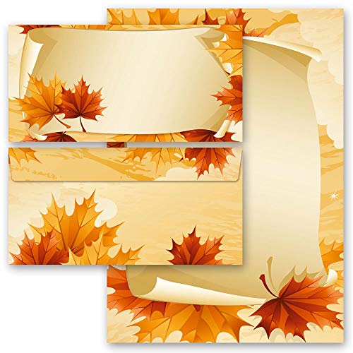 Briefpapier Set, 20 tlg. Jahreszeiten - Herbst, HERBSTBLÄTTER 10 Blatt Briefpapier + 10 passende Briefumschläge DIN LANG ohne Fenster | Paper-Media von Paper-Media