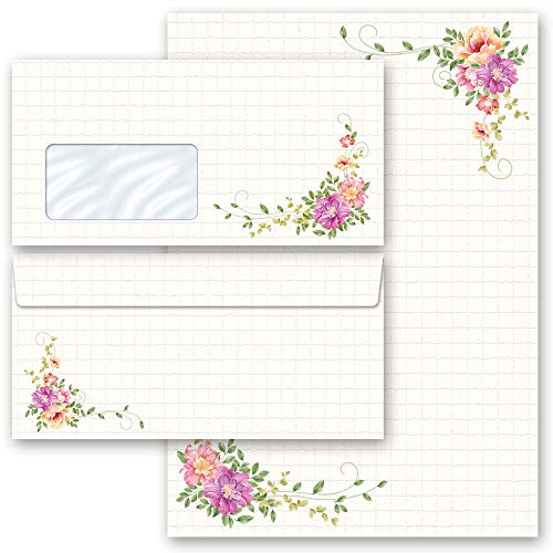 Briefpapier Sets Blumen & Blüten, BLUMENBRIEF 20 Blatt Briefpapier + 20 passende Briefumschläge DIN LANG mit Fenster | Paper-Media von Paper-Media