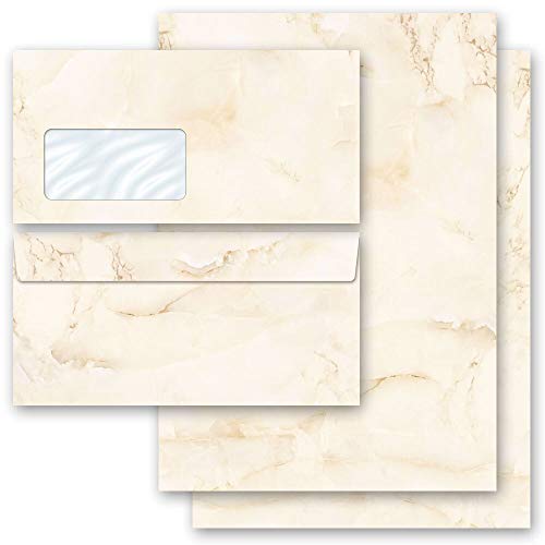 Briefpapier Sets Marmor & Struktur, MARMOR BEIGE 100 Blatt Briefpapier + 100 passende Briefumschläge DIN LANG mit Fenster | Paper-Media von Paper-Media