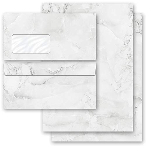 Briefpapier Sets Marmor & Struktur, MARMOR HELLGRAU 20 Blatt Briefpapier + 20 passende Briefumschläge DIN LANG mit Fenster | Paper-Media von Paper-Media