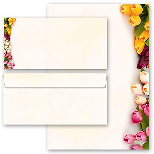 Briefpapier Sets Motivpapier Blumen & Blüten, BUNTE TULPEN 100 Blatt Briefpapier + 100 passende Briefumschläge DIN LANG ohne Fenster von Paper-Media