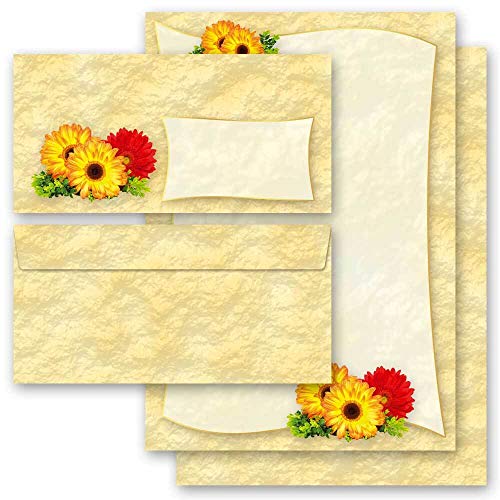 Briefpapier Sets Motivpapier Blumen & Blüten, GERBERA 100 Blatt Briefpapier + 100 passende Briefumschläge DIN LANG ohne Fenster | Paper-Media von Paper-Media
