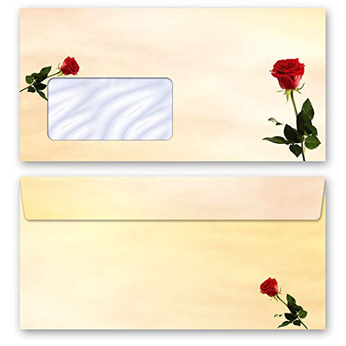 Briefumschläge Blumen & Blüten, Liebe & Hochzeit, BACCARA ROSEN 10 Briefumschläge (mit Fenster) DIN LANG (220x110 mm) von Paper-Media