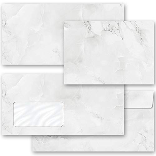 Briefumschläge Marmor & Struktur, MARMOR HELLGRAU 50 Briefumschläge (mit Fenster) DIN LANG (220x110 mm) | Paper-Media von Paper-Media