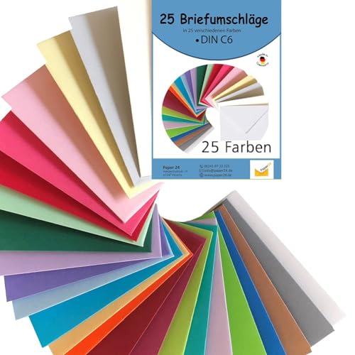 25 Briefumschläge bunt C6, bunte Umschläge in 25 unterschiedlichen Farben als Set im Format C6, nassklebend, ideal zum Basteln, zu Weihnachten oder als Geschenkidee für A6 Karten von Paper24