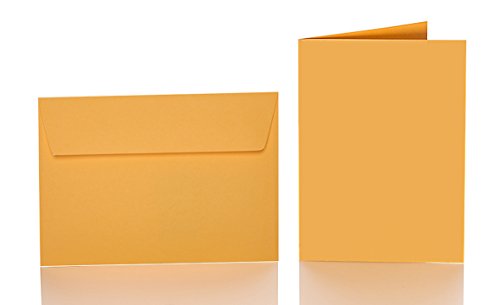25 Faltkarten blanko mit Umschlag 120x170 mm, Briefumschläge B6, Doppelkarten mit Umschlag sind ideal für Hochzeit, Geburtstag und Grußkarten in Gelb-Orange von Paper24