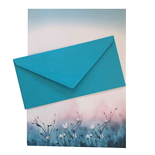 Briefpapier mit Umschlag, als Set, DIN A4 Papier und DIN lang Briefumschläge, ideal für Weihnachten, Geburtstag (BlumenBlau+DL18, 100er Set) von Paper24