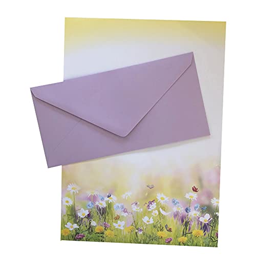 Briefpapier mit Umschlag als Set, DIN A4 Naturpapier DIN lang Briefumschläge, ideal für Weihnachten, Geburtstag (Blumenwiese+DL15, 25er Set) von Paper24