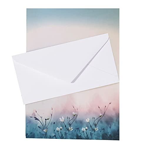 Briefpapier mit Umschlag als Set, DIN A4 Naturpapier und DIN C6 Briefumschläge inkl. Geschenkmappe, ideal für Weihnachten, Geburtstag (BlumenBlau+DL00, 100er Set) von Paper24