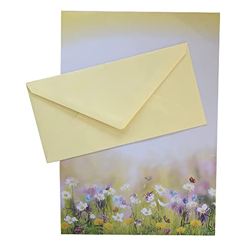 Briefpapier mit Umschlag als Set, DIN A4 Naturpapier und DIN C6 Briefumschläge inkl. Geschenkmappe, ideal für Weihnachten, Geburtstag (Blumenwiese+DL05, 10er Set) von Paper24