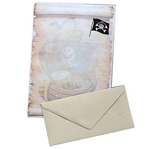 Briefpapier mit Umschlag als Set, DIN A4 Naturpapier und DIN C6 Briefumschläge inkl. Geschenkmappe, ideal für Weihnachten, Geburtstag (Pirat+DL03, 10er Set) von Paper24