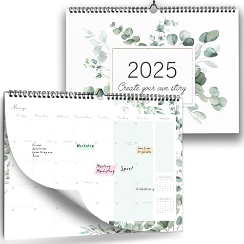 Wandkalender 2025 I Monatskalender mit Kästchen als A4 Quer Kalender I Eukalyptus, Blumen I Perfekt für Paare, Singles oder Familien I Monatsplaner für Zuhause oder Büro... von Paperlions